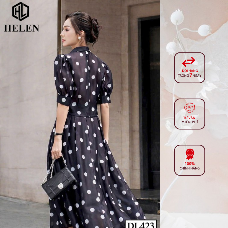 Đầm liền thân công sở HELEN thiết kế dáng xòe giả set đen chấm bi  DL423