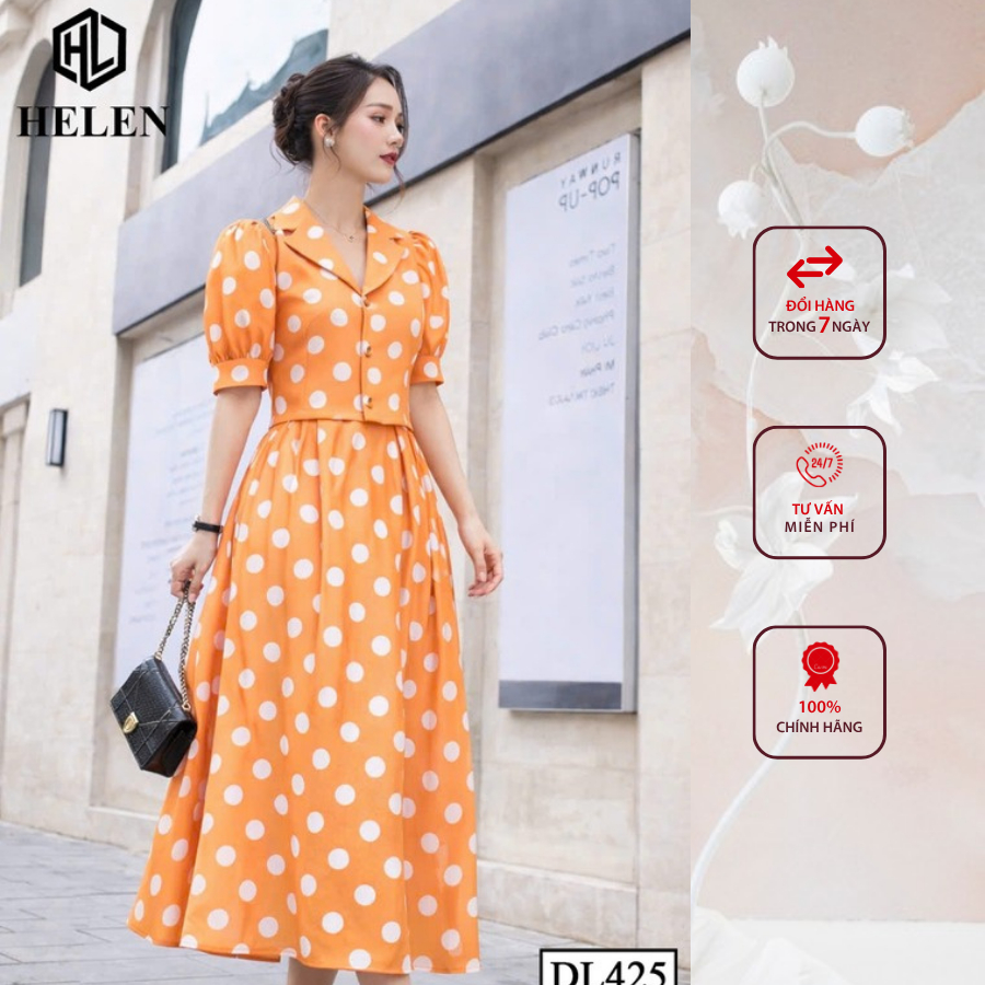 Đầm liền thân công sở HELEN thiết kế dáng xòe giả set đen chấm bi  DL423