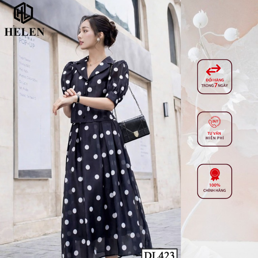 Đầm liền thân công sở HELEN thiết kế dáng xòe giả set đen chấm bi  DL423