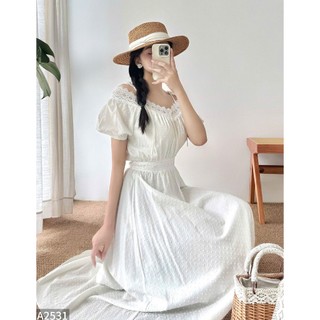 Đầm thô phối ren trễ vai 2 dây form xòe tiểu thư sang chảnh A2531