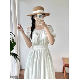 Đầm thô phối ren trễ vai 2 dây form xòe tiểu thư sang chảnh A2531