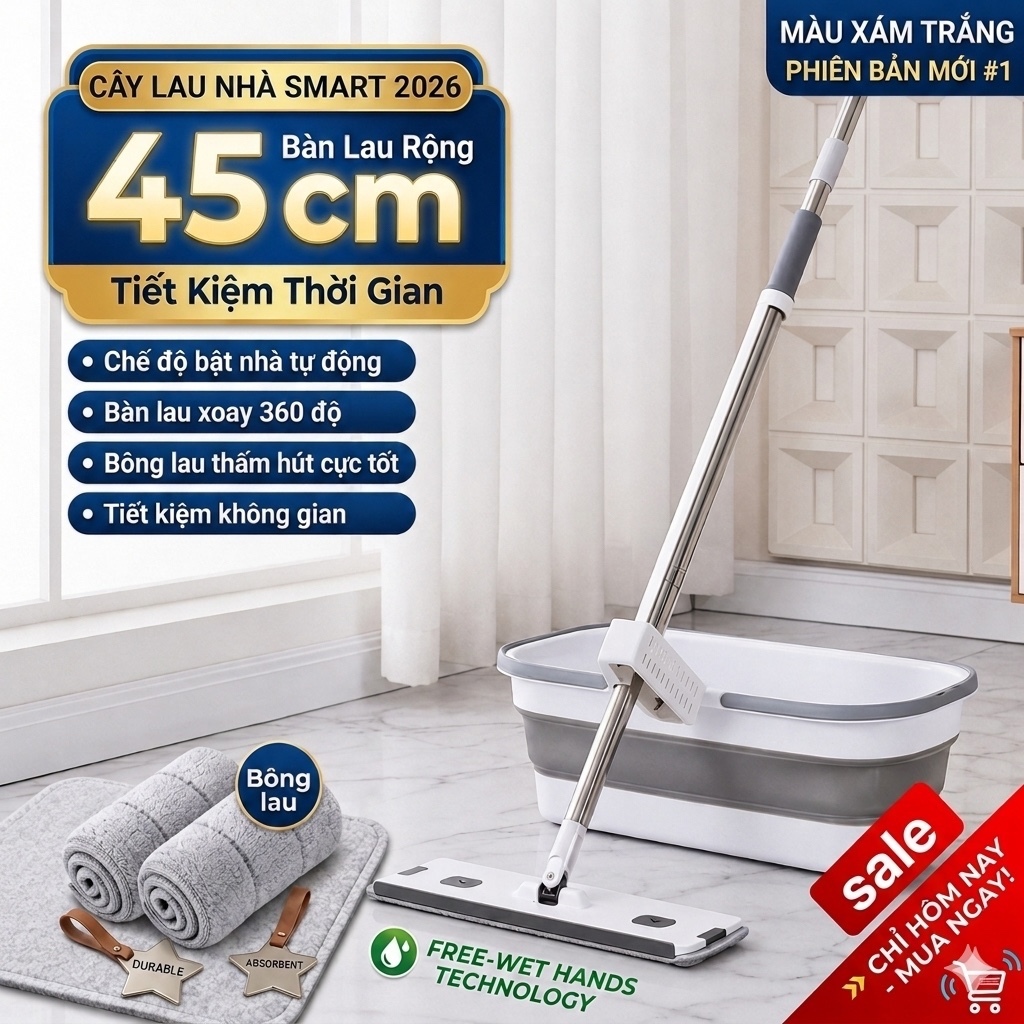 Cây Lau Nhà Tự Vắt 45cm Thông Minh Xoay 360 Độ, Chổi Lau Nhà Kết Hợp Khe Chứa Lau Sàn Tiện Lợi