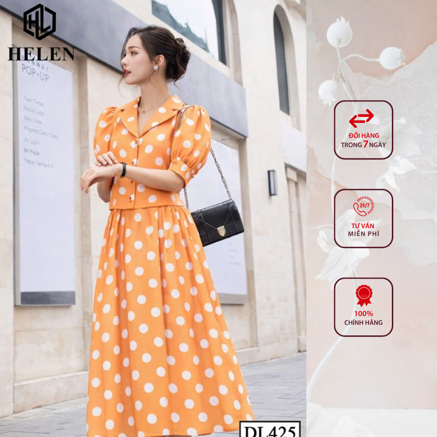 Đầm liền thân công sở HELEN thiết kế dáng xòe giả set cam chấm bi  DL425