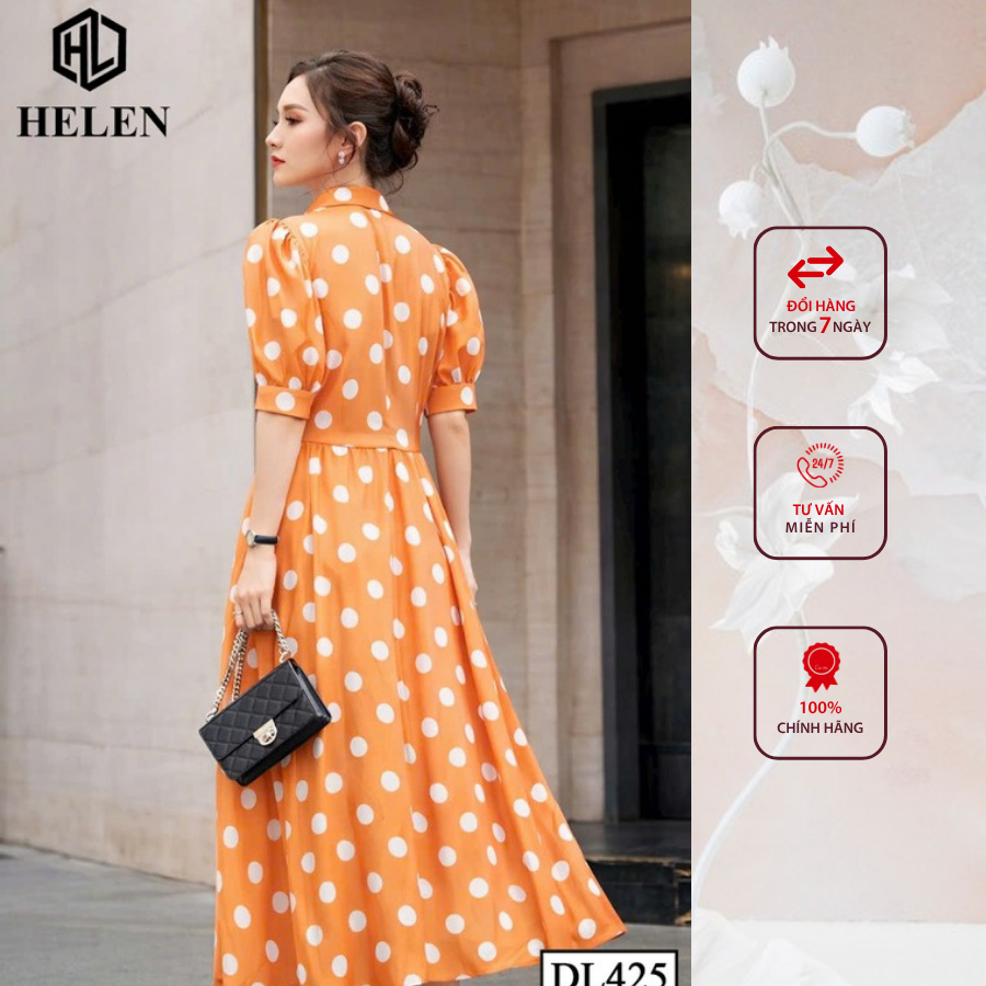Đầm liền thân công sở HELEN thiết kế dáng xòe giả set cam chấm bi  DL425