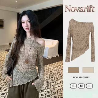 Nova-Áo thun dài tay trễ vai kiểu dáng gợi cảm dành cho nữ, vạt áo bất đối xứng, ôm sát cơ thể, thời trang.