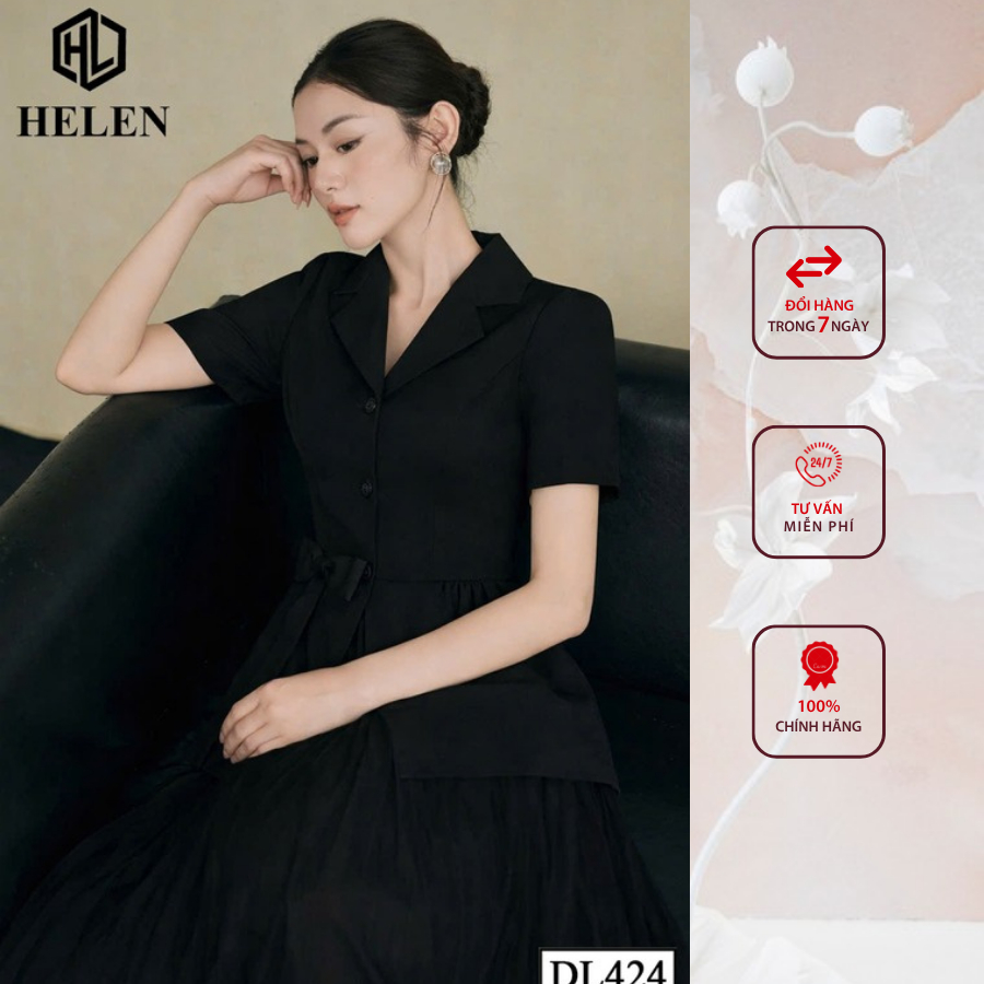 Đầm liền thân công sở HELEN thiết kế dáng xòe giả set đen DL424