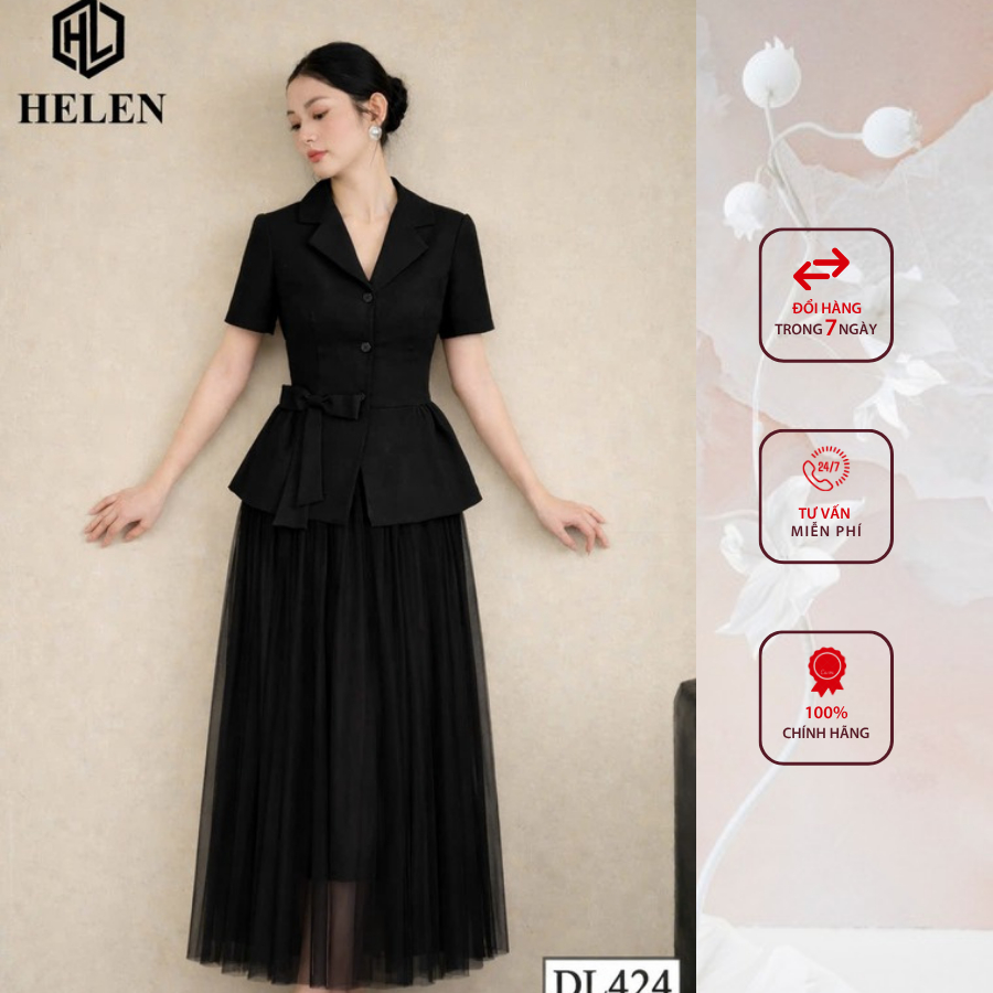 Đầm liền thân công sở HELEN thiết kế dáng xòe giả set đen DL424