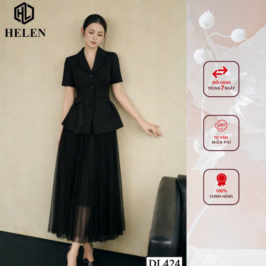 Đầm liền thân công sở HELEN thiết kế dáng xòe giả set đen DL424