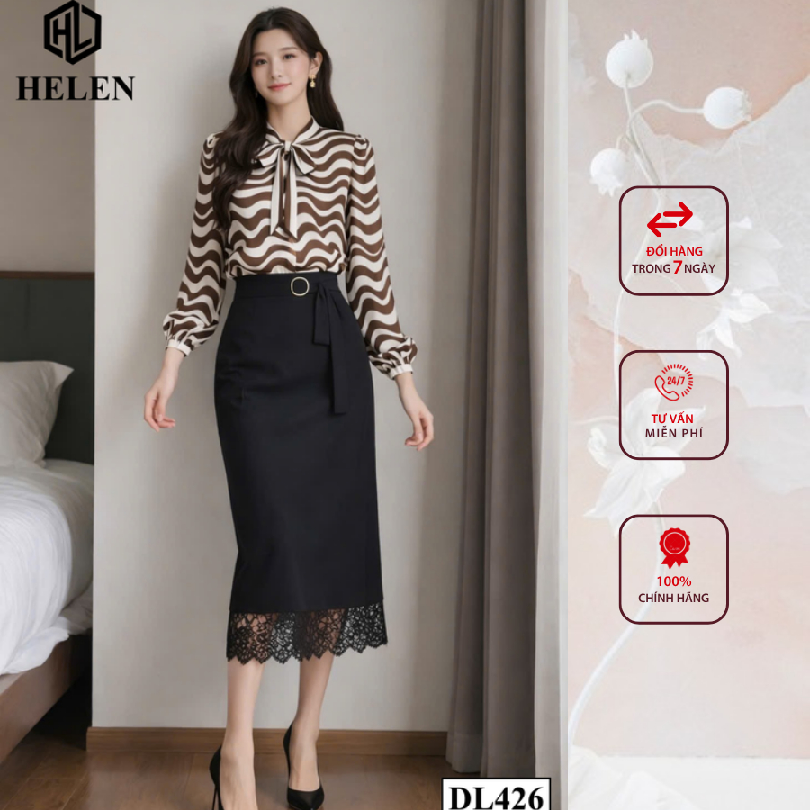Đầm liền thân công sở HELEN thiết kế dáng ôm giả set kẻ nâu phối chân đen DL426