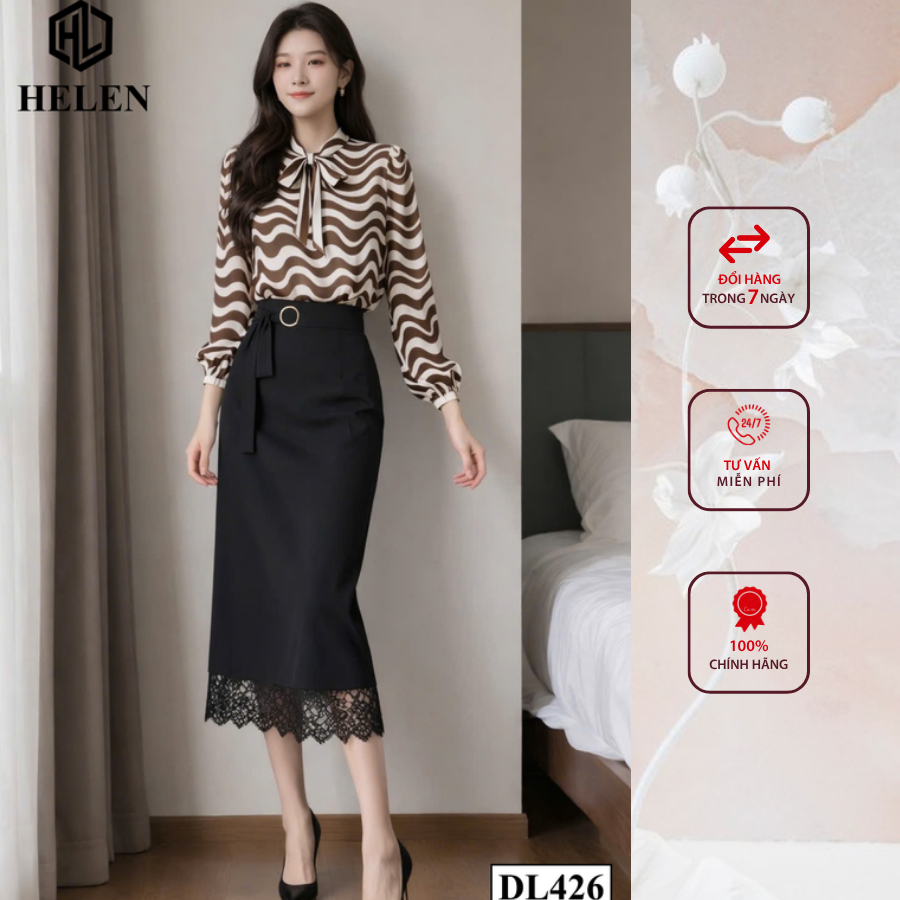 Đầm liền thân công sở HELEN thiết kế dáng ôm giả set kẻ nâu phối chân đen DL426
