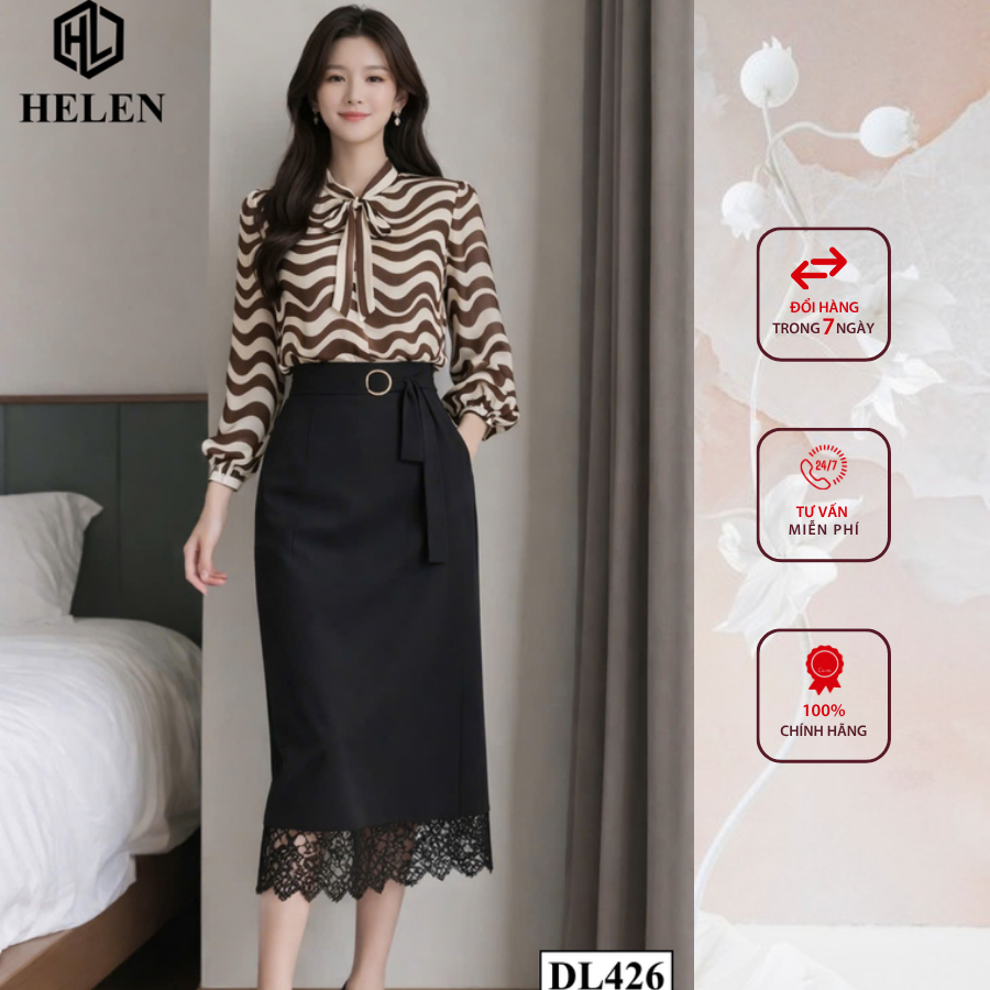 Đầm liền thân công sở HELEN thiết kế dáng ôm giả set kẻ nâu phối chân đen DL426