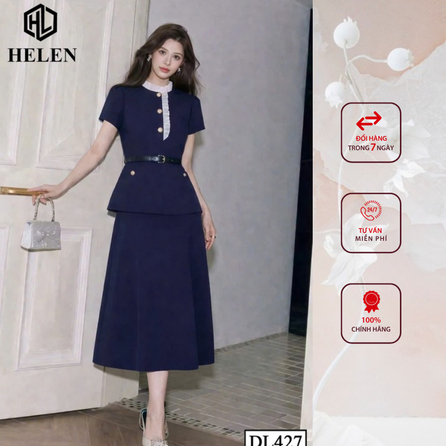 Đầm liền thân công sở HELEN thiết kế dáng giả set xanh than cổ nhún trắng tay cộc DL427