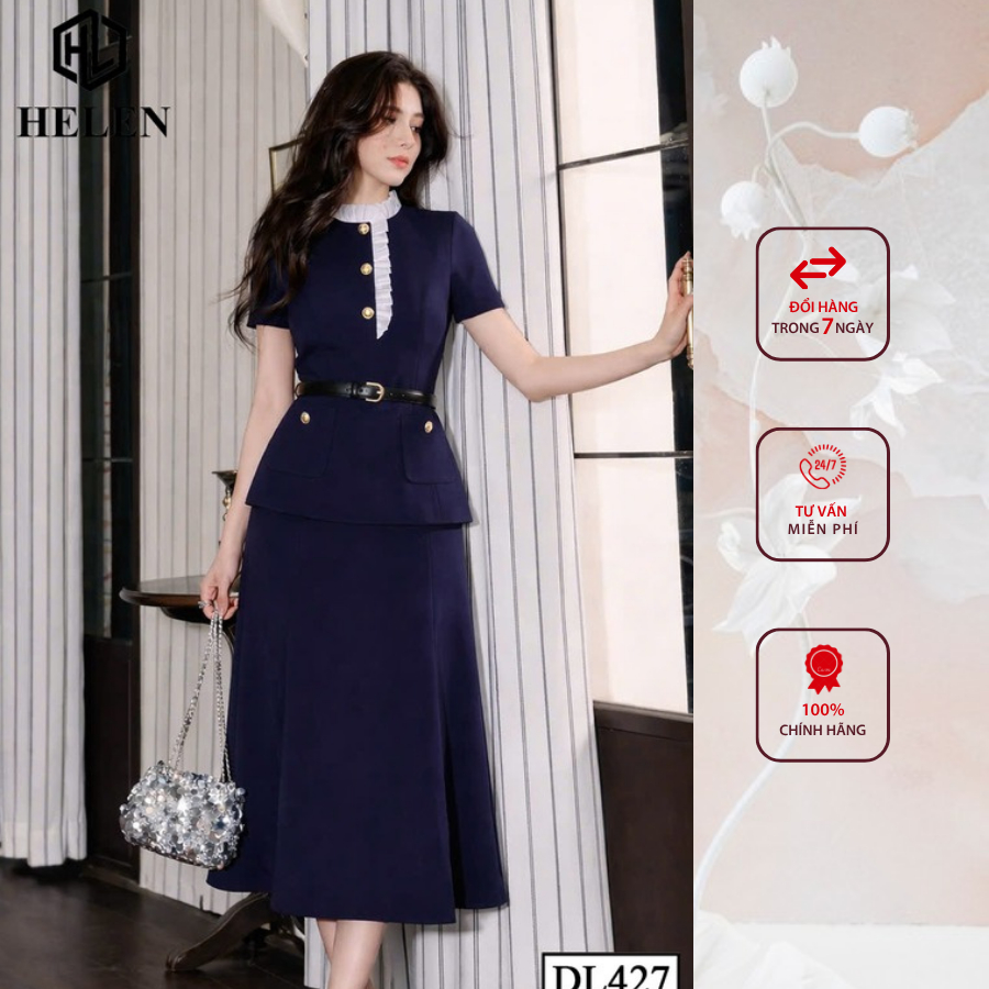 Đầm liền thân công sở HELEN thiết kế dáng giả set xanh than cổ nhún trắng tay cộc DL427