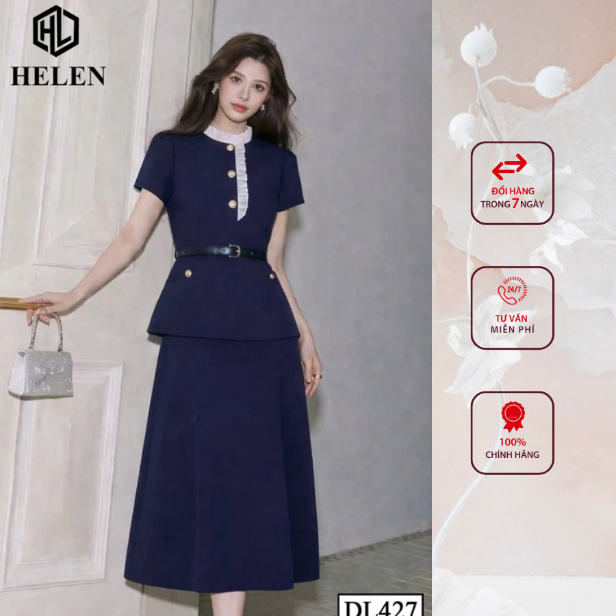 Đầm liền thân công sở HELEN thiết kế dáng giả set xanh than cổ nhún trắng tay cộc DL427