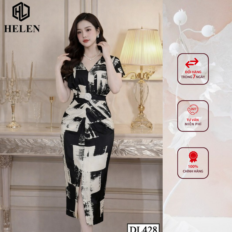 Đầm công sở HELEN thiết kế dáng ôm cổ V họa tiết đen trắng DL428
