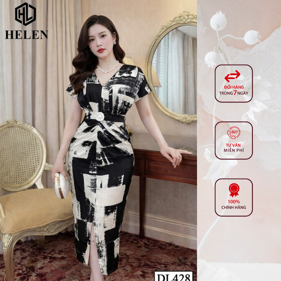 Đầm công sở HELEN thiết kế dáng ôm cổ V họa tiết đen trắng DL428