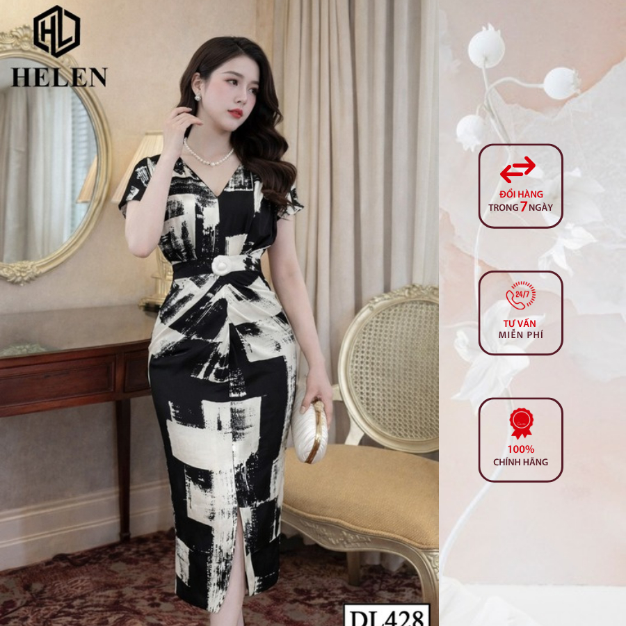 Đầm công sở HELEN thiết kế dáng ôm cổ V họa tiết đen trắng DL428