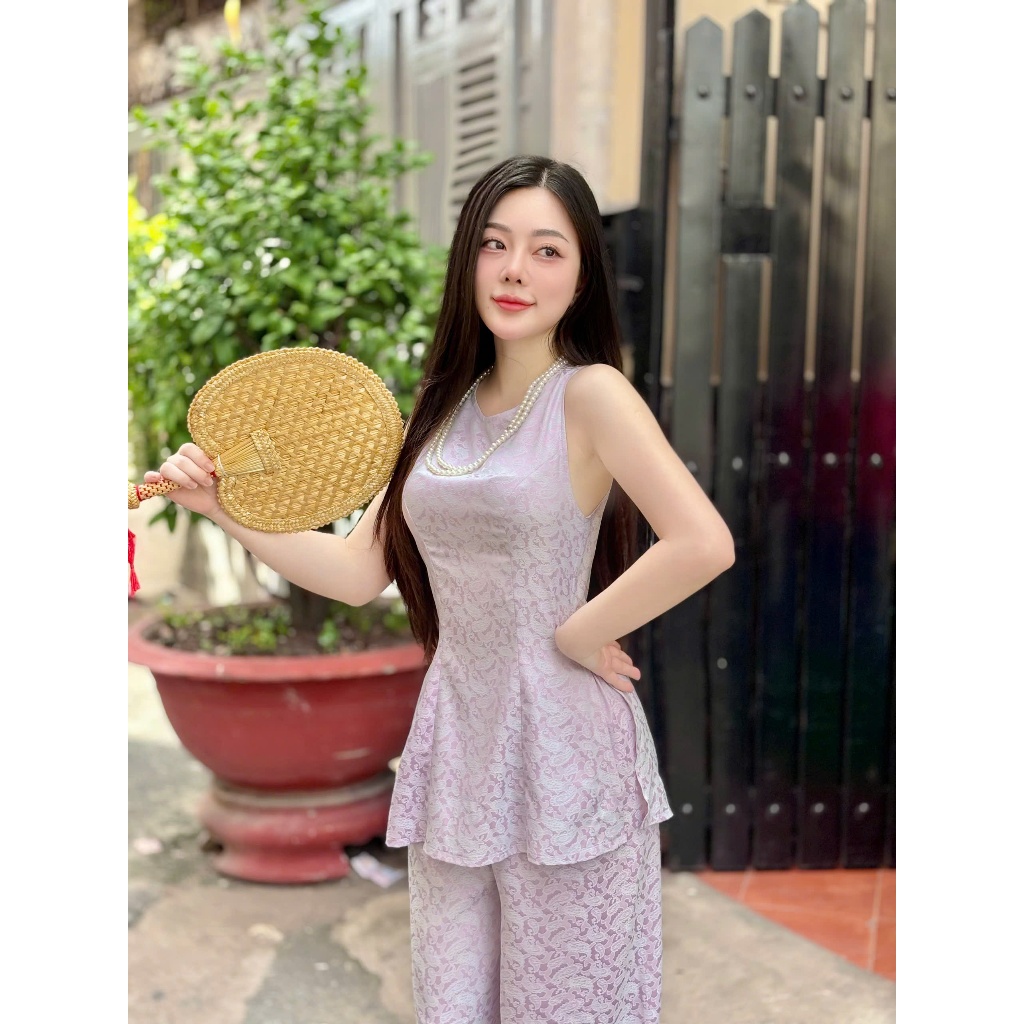 Hân Nguyễn Áo Bà Ba - B.A204 - Set Gấm Mùa Hè Họa Tiết Ánh Lông Công (Quần Lưng Thun Cùng Chất)