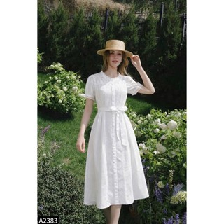 Đầm midi thô ren 1 màu trắng phối belt siêu xinh A2383