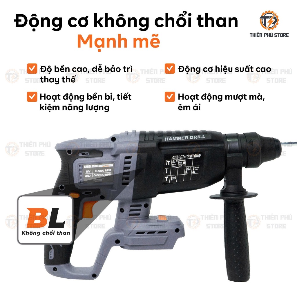 Thân Máy Khoan Bê Tông GREEKMAN GR-K2626P| Động Cơ Không Chổi Than, Điện Áp  21V, Lực Đập: 2,8J