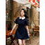Đầm Tiểu Thư Cổ Sen Trắng Phối Navy Dáng Xòe Thanh Lịch