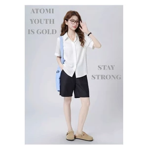 Áo sơ mi nữ tay ngắn công sở ATOMI kiểu dáng cơ bản vải lụa 80% sang trọng CỘC XUÔNG