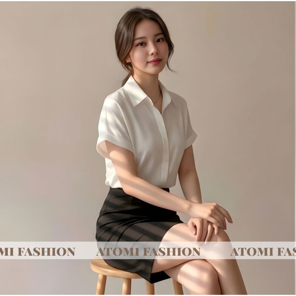 Áo sơ mi nữ tay ngắn mùa hè ATOMI tay bong xuông rộng CỘC XUÔNG