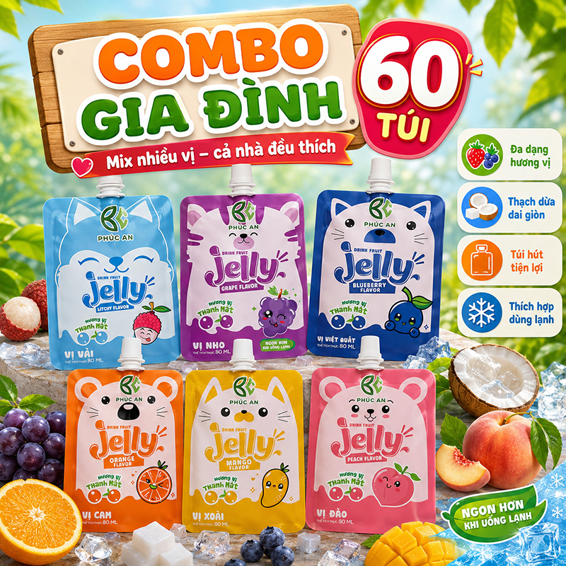 Combo 60 túi Nước Thạch Phúc An mix nhiều vị, dạng túi có vòi hút, ăn vặt giải khát tiện lợi