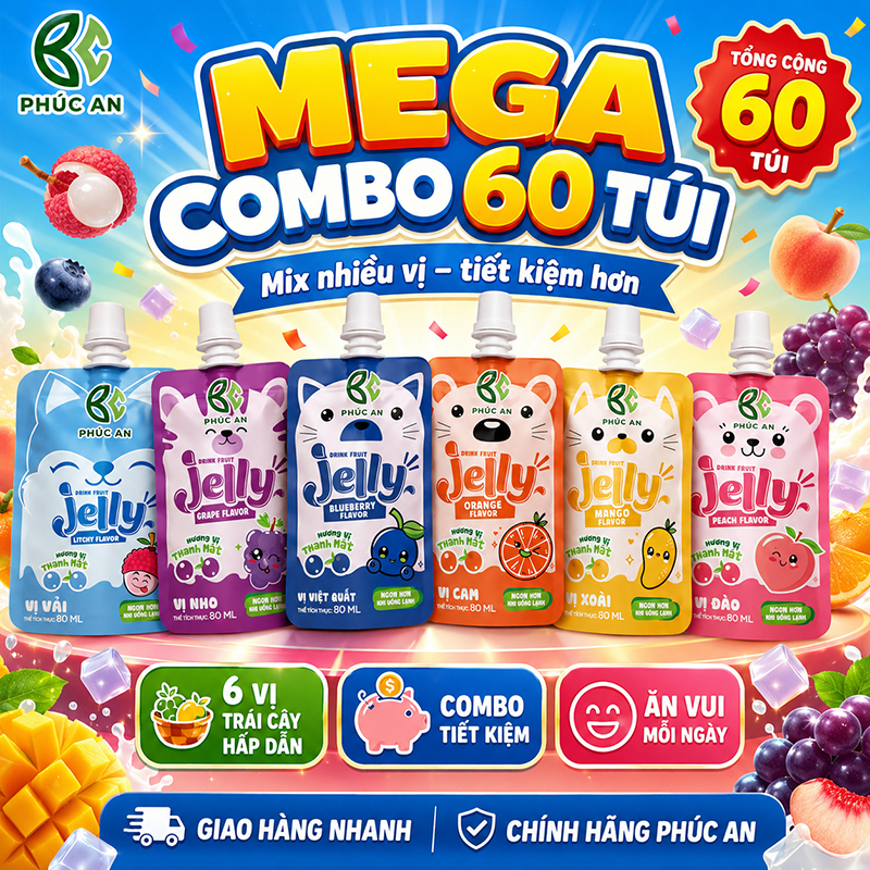Combo 60 túi Nước Thạch Phúc An mix nhiều vị, dạng túi có vòi hút, ăn vặt giải khát tiện lợi