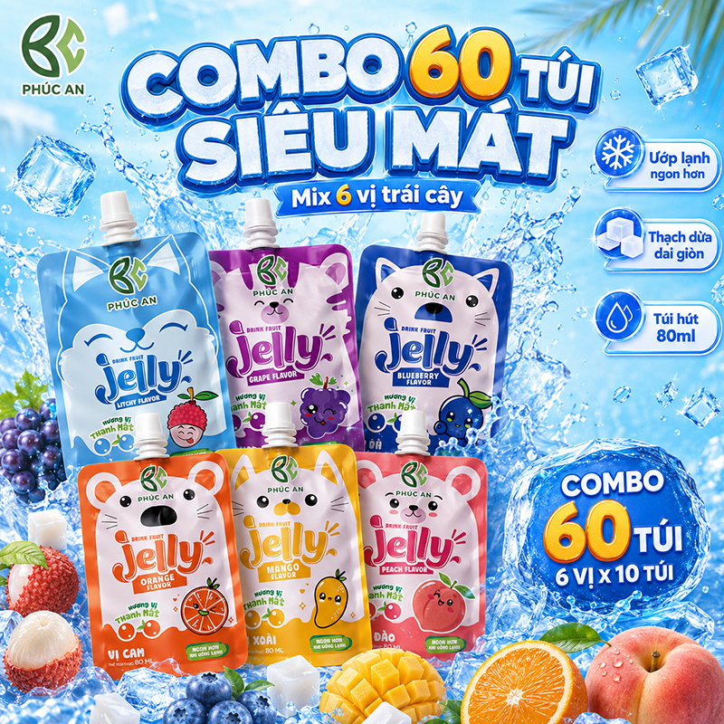 Combo 60 túi Nước Thạch Phúc An mix nhiều vị, dạng túi có vòi hút, ăn vặt giải khát tiện lợi