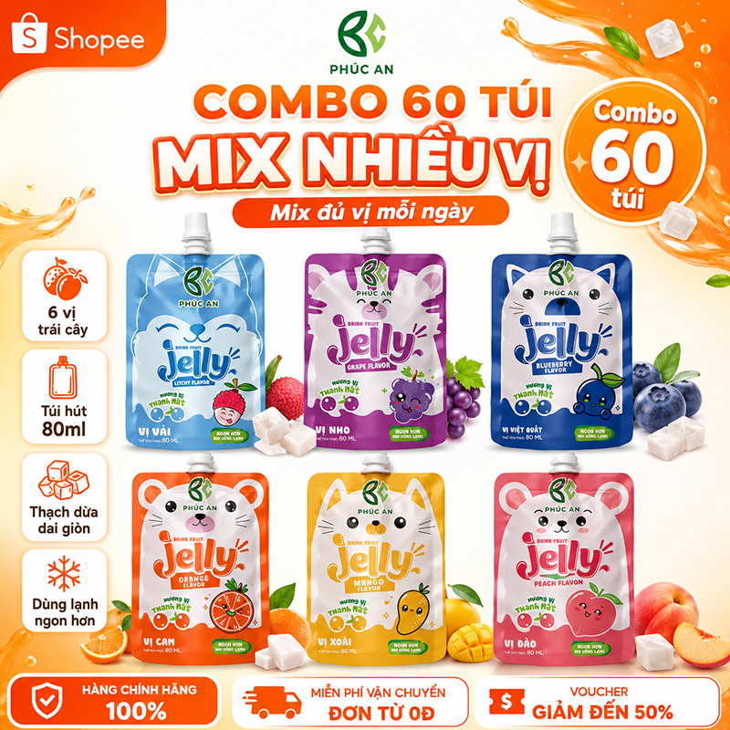 Combo 60 túi Nước Thạch Phúc An mix nhiều vị, dạng túi có vòi hút, ăn vặt giải khát tiện lợi