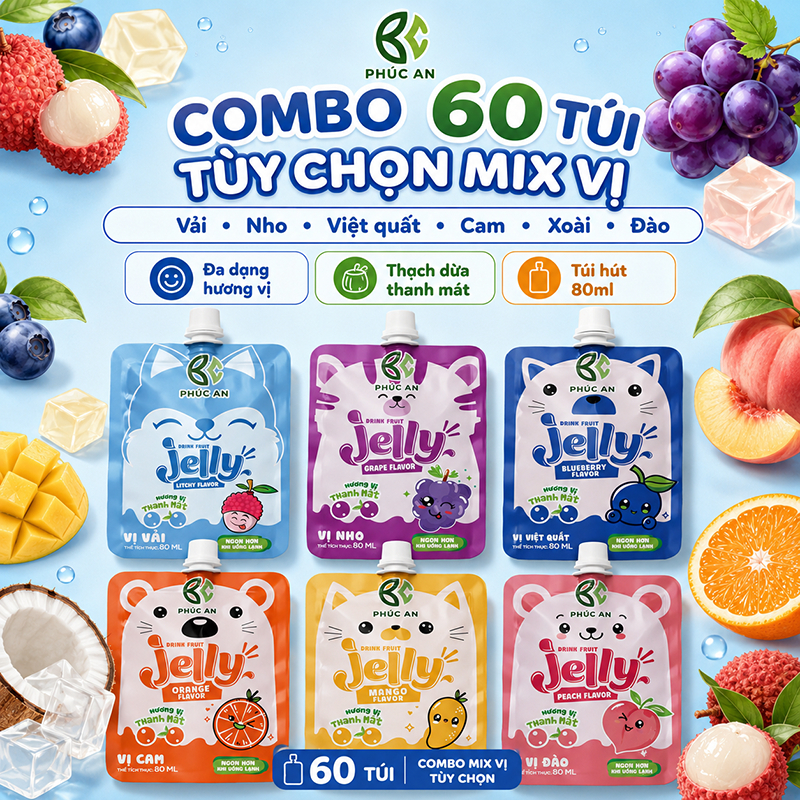 Combo 60 túi Nước Thạch Phúc An mix nhiều vị, dạng túi có vòi hút, ăn vặt giải khát tiện lợi