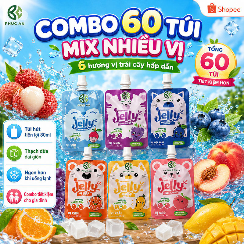 Combo 60 túi Nước Thạch Phúc An mix nhiều vị, dạng túi có vòi hút, ăn vặt giải khát tiện lợi