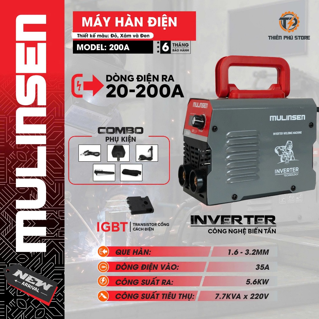 Máy Hàn Điện Tử MMA200AMINI MULINSEN | 220V, 20-200A| Que Hàn 1.6-3.2MM | Đầy Đủ Phụ Kiện | Hàng Chính Hãng