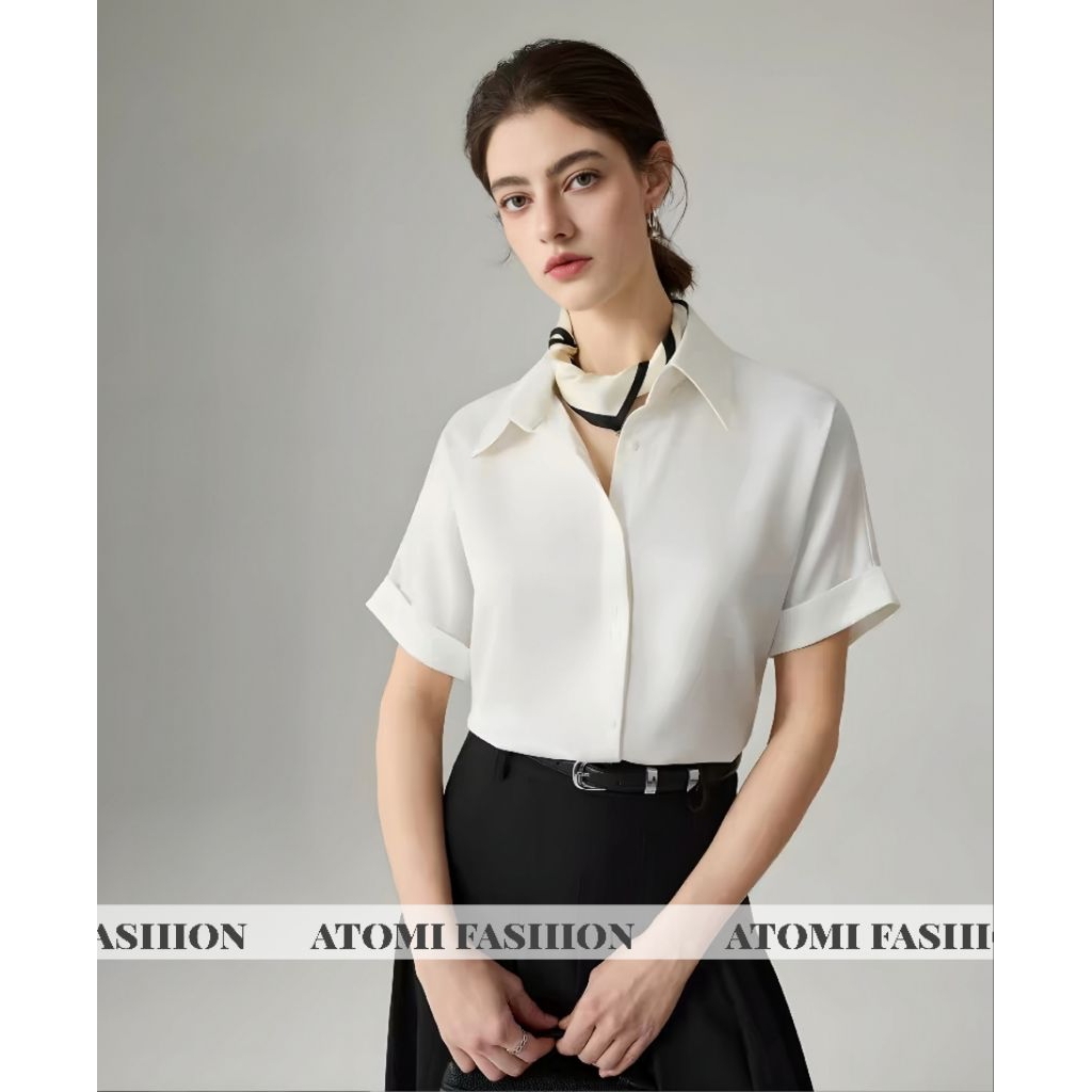 Áo sơ mi nữ kiểu tay ngắn form rộng công sở ATOMI CỘC XUÔNG
