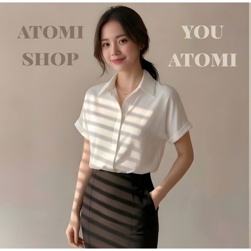 Áo sơ mi nữ tay ngắn mùa hè ATOMI tay bong xuông rộng CỘC XUÔNG