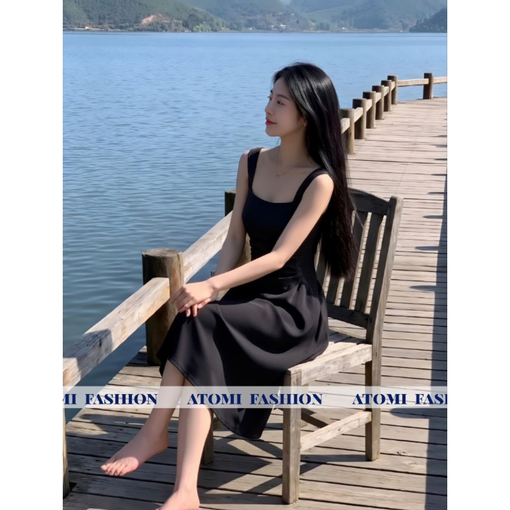 [HÀNG THIẾT KẾ CAO CẤP] Đầm Hai Dây Xòe Tôn Dáng Đi Tiệc Sang Trọng Màu Đen Form Dài V2D