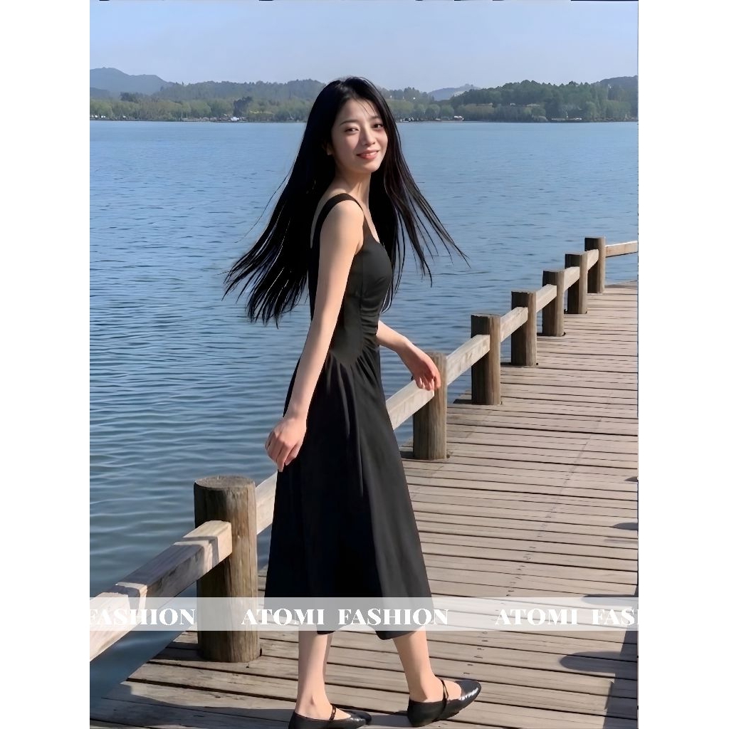 [HÀNG THIẾT KẾ CAO CẤP] Đầm Hai Dây Xòe Tôn Dáng Đi Tiệc Sang Trọng Màu Đen Form Dài V2D