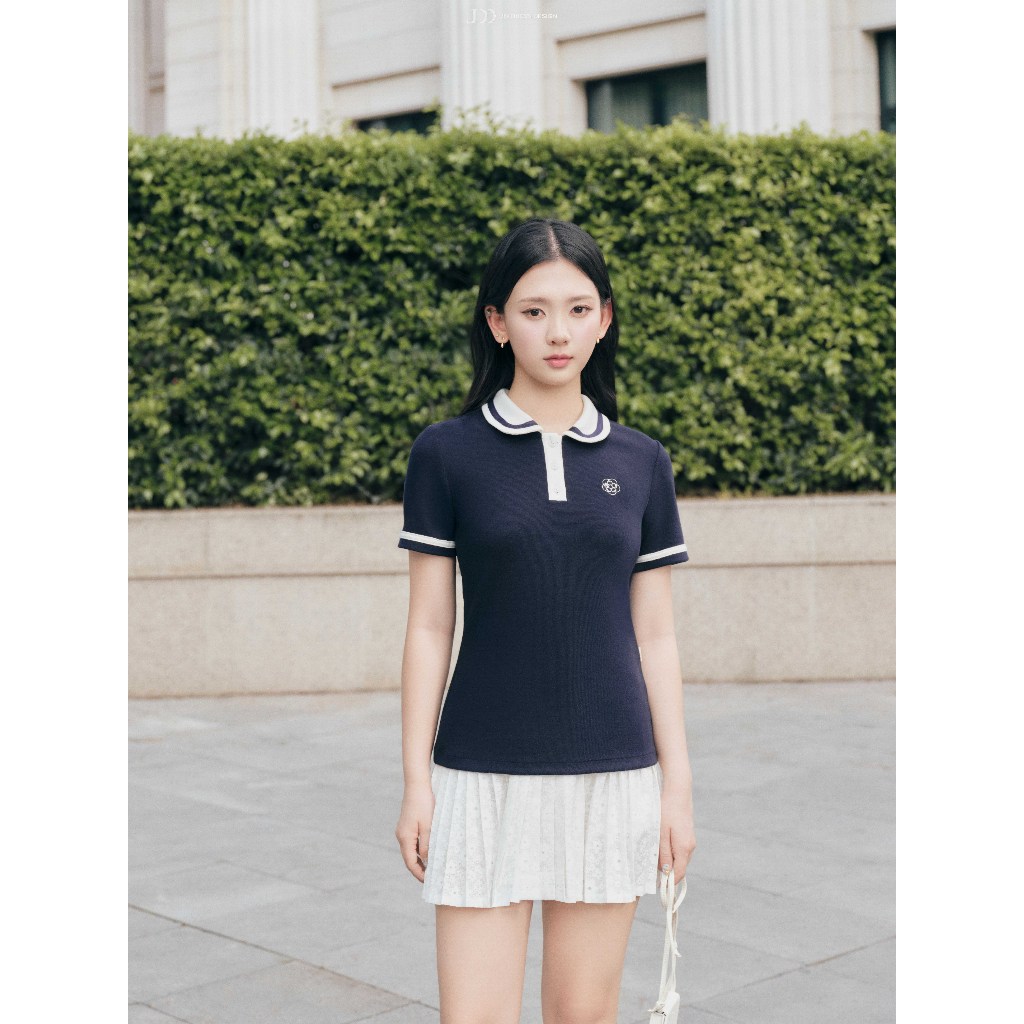 Áo Polo Cổ Sen Phối Viền Cổ Và Gấu Tay 2T41.2605, Áo Thun Polo Nữ Form Ôm Nhẹ Phong Cách Preppy Hiện Đại, Thanh Lịch JM