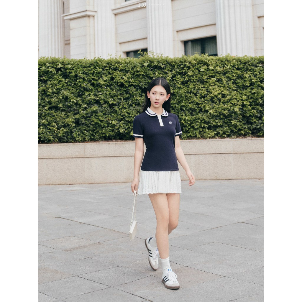 Áo Polo Cổ Sen Phối Viền Cổ Và Gấu Tay 2T41.2605, Áo Thun Polo Nữ Form Ôm Nhẹ Phong Cách Preppy Hiện Đại, Thanh Lịch JM