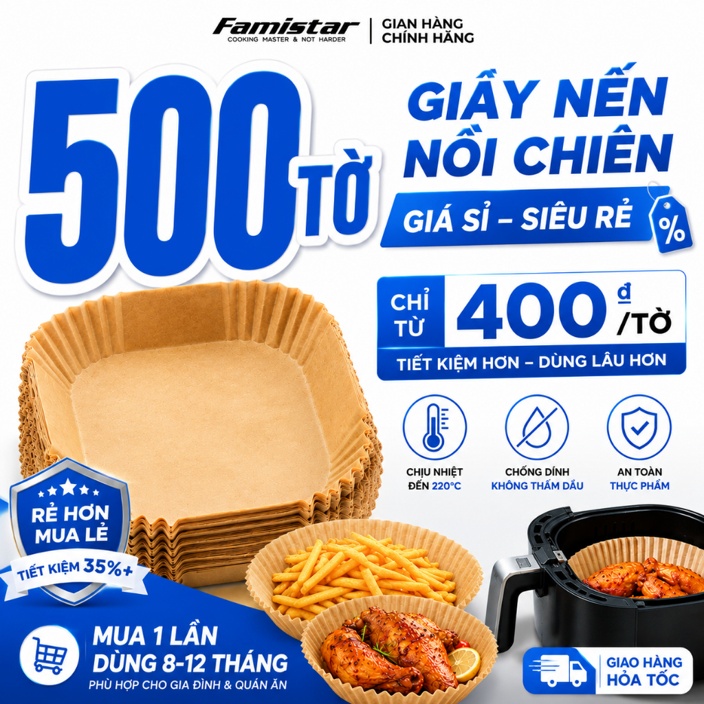 Combo 500 giấy lót nồi chiên ko dầu, giấy nến nồi chiên không dầu, giấy nến nướng bánh vuông Famistar
