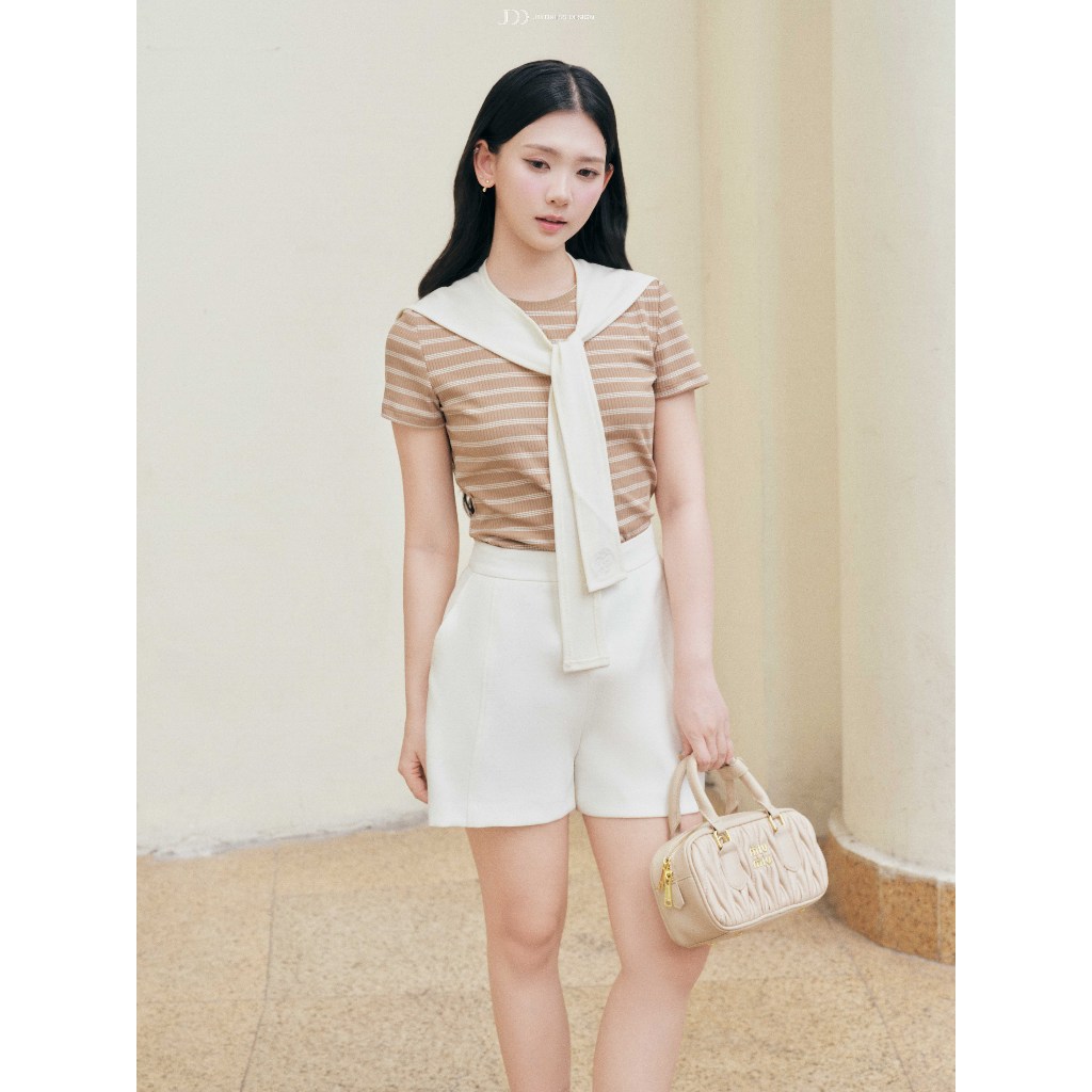 Áo Kiểu Cổ Tròn Dáng Ôm Khăn Buộc 2T42.2606. Áo Thun Kẻ Ngang Form Vừa Vặn Ôm Nhẹ Phối Khăn Buộc Phong Cách Hàn Quốc JM