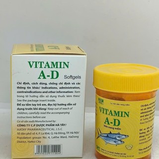 Vitamin A-D dược phẩm Hà Tây lọ 100 viên. hỗ trợ khô mắt, mỏi mắt các triệu chứng do thiếu Vitamin A-D