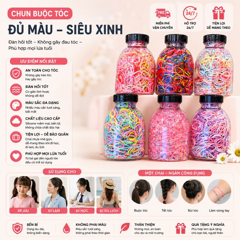 (COMBO 5 HỘP) HỘP DÂY THUN BUỘC TÓC 1000 CÁI NHIỀU MÀU, Dây Cột Tóc Cho Bé Gái Tiện Dụng, Không Làm Đau Tóc