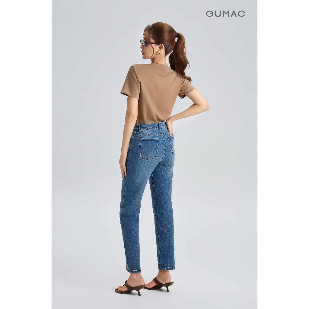 Quần Jeans Nữ GUMAC Form Ống Ôm Co Giãn Bảng Lưng Con Đỉa Nút Logo Sang Trọng QJG07090