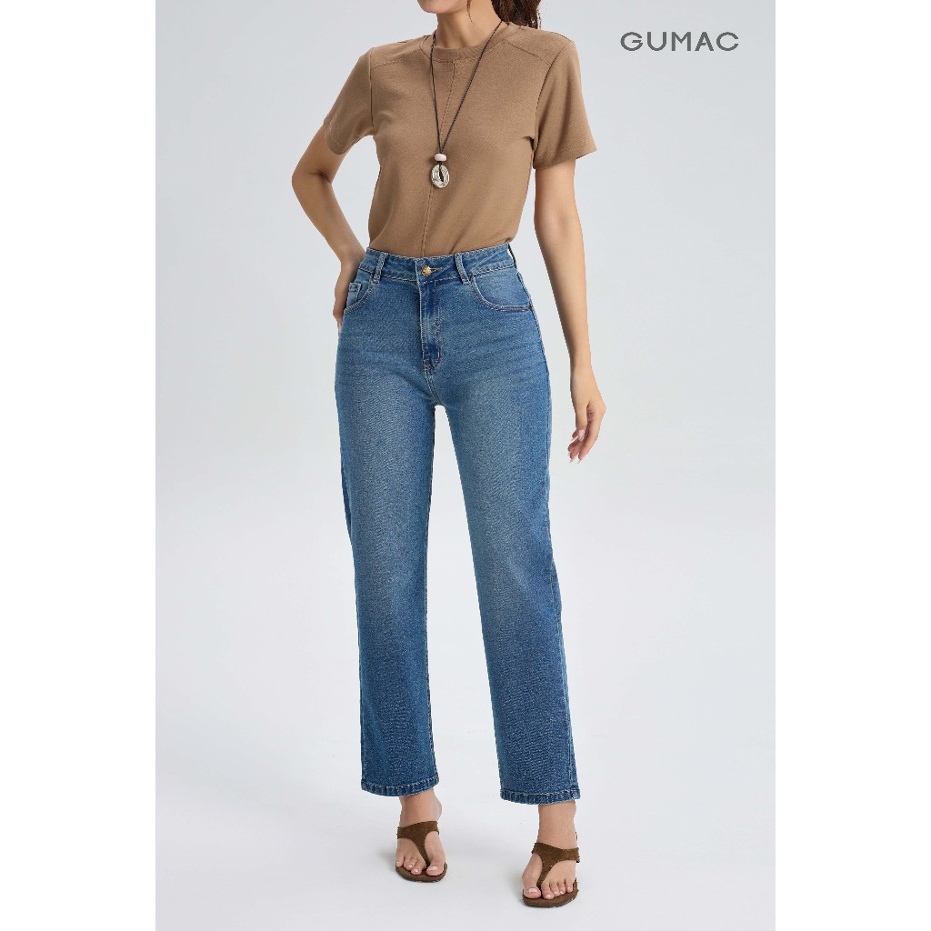 Quần Jeans Nữ GUMAC Form Ống Ôm Co Giãn Bảng Lưng Con Đỉa Nút Logo Sang Trọng QJG07090
