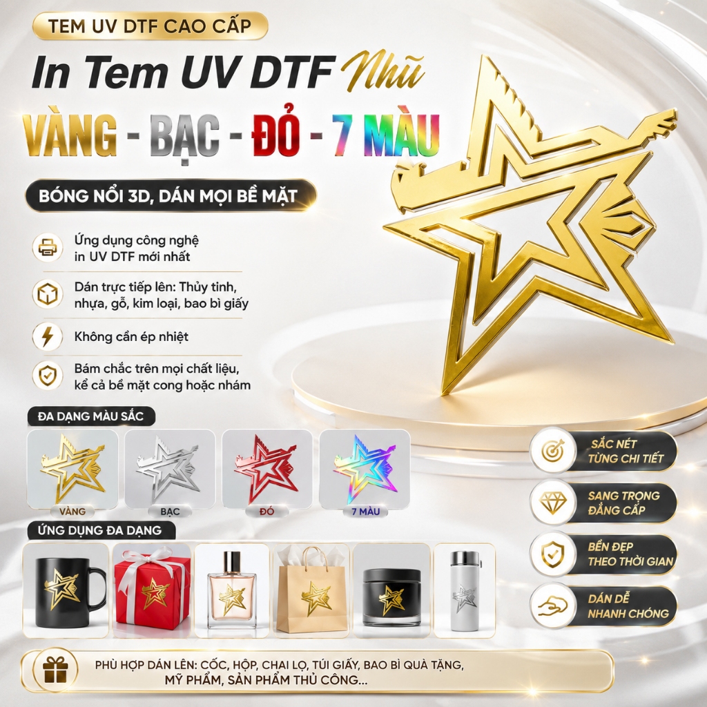 In Tem UV DTF Nhũ Vàng - Bạc - Đỏ - 7 Màu, Bóng Nổi 3D, Dán Mọi Bề Mặt