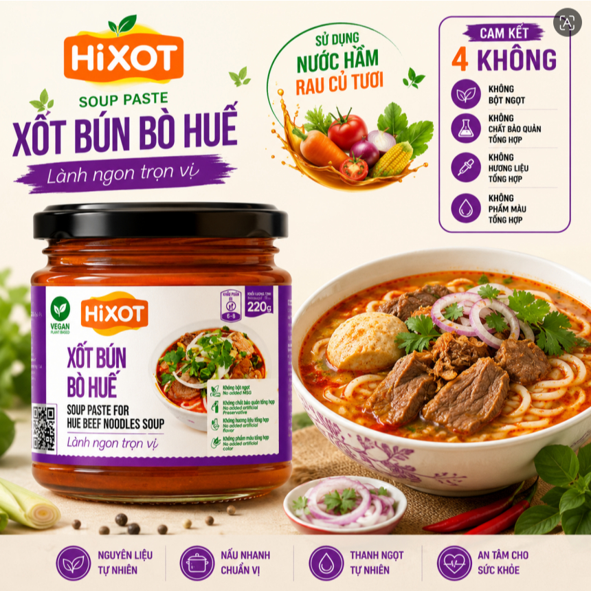 Sốt Gia Vị Bún Bò Huế HiXOT Hũ 220Gram, gia vị hoàn chỉnh, không cần nêm nếm, thơm ngon đậm vị