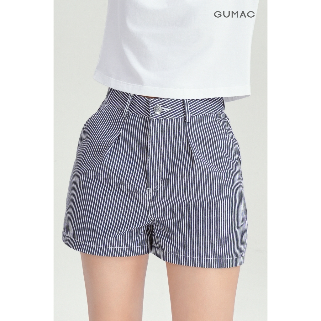 Quần short form A Gmorning - GUMAC chất liệu sọc denim ống rộng túi hàm ếch YSHG07015