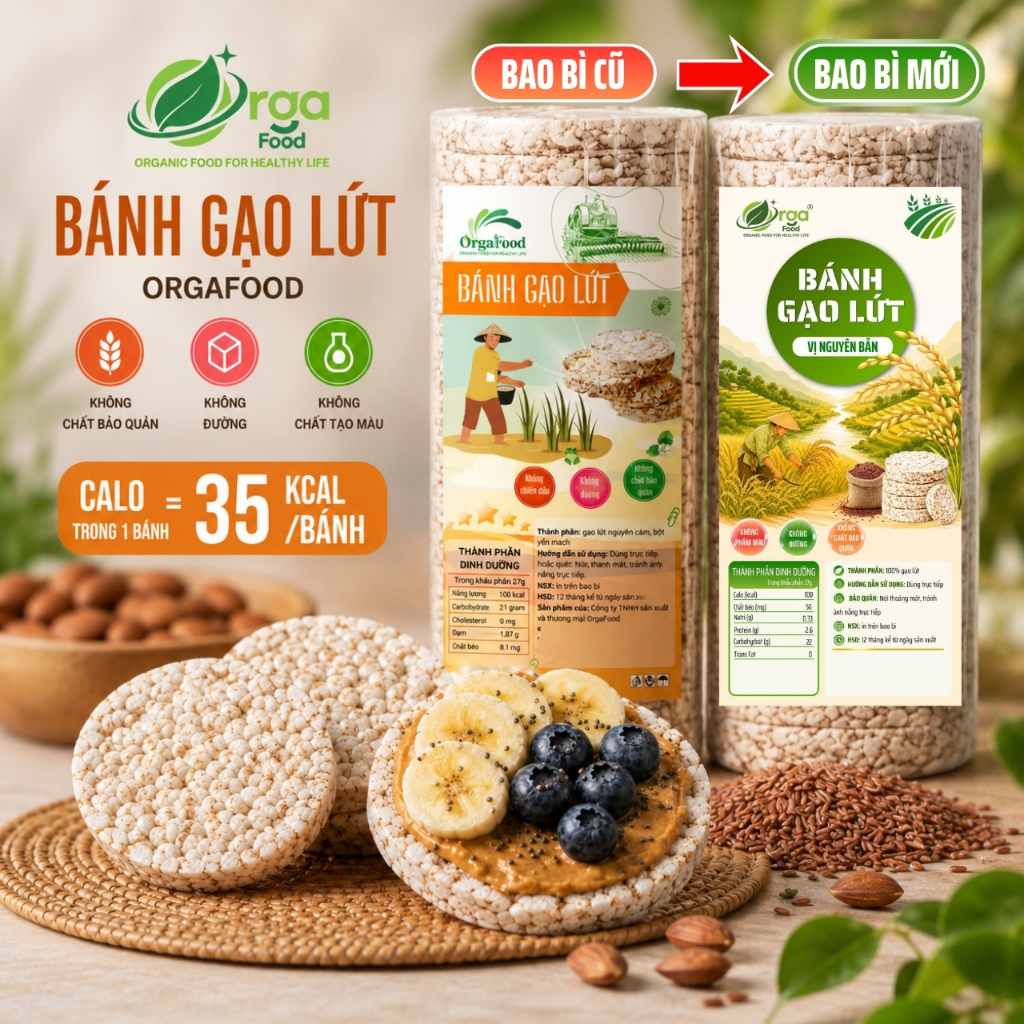 Bánh Gạo Lứt Orgafood [Mua 3 Tặng 1] Bỏng Gạo Lứt - Ăn Vặt Healthy, Ít Calo, Không Chiên Dầu, Không Đường
